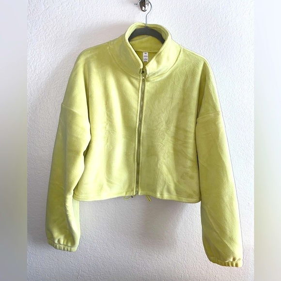Softest Fleece Zip up Cropped Sweater, Lime Green - Picture 2 of 2